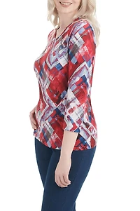 Alia Women's 3/4 Sleeve Plaid Jersey Crew Neck Top