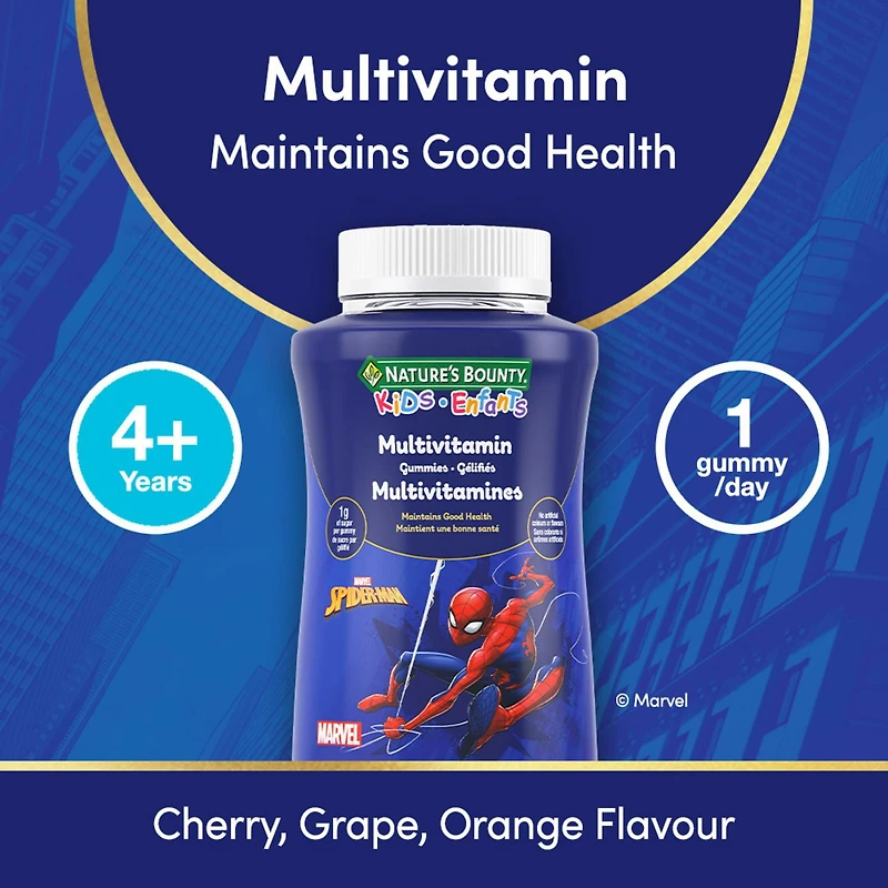 NATURE'S BOUNTY KIDS Multivitamin, Marvel Spider-Man, Only 1g Sugar Per Gummy, Supports Immune System, Eye Health, Bones, And Teeth, Source of Antioxidants, Gluten-free, Fruit Flavoured Gummies 150.0 count, 150 pc