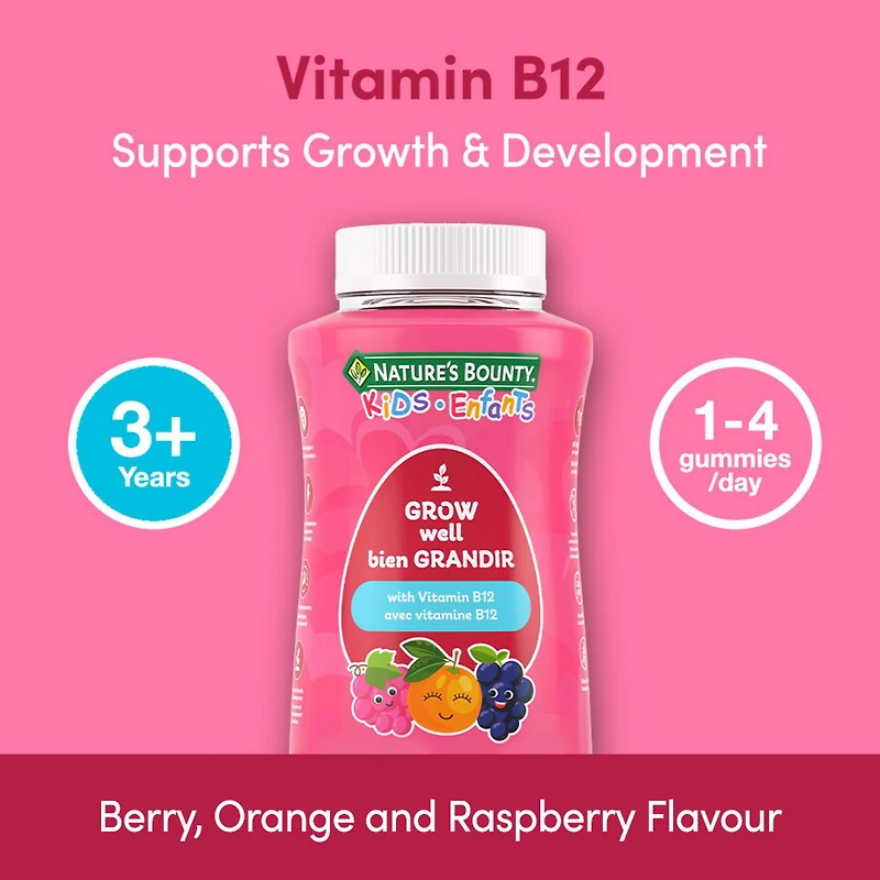 NATURE'S BOUNTY Bien grandir ENFANTS avec vitamine B12, 1 g de sucre par gélifié, pour carences en vitamine B12, métabolisme énergétique et nutriments, immunité, croissance et développement 150 paquet 150 pc