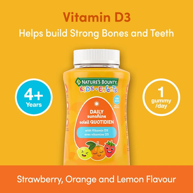 NATURE'S BOUNTY KIDS Daily Sunshine With Vitamin D3, Only 1g Sugar Per Gummy, Supports Immune Function, Helps Development Of Bones And Teeth, Aids In Absorption Of Calcium And Phosphorus 175.0 count, 175 pc