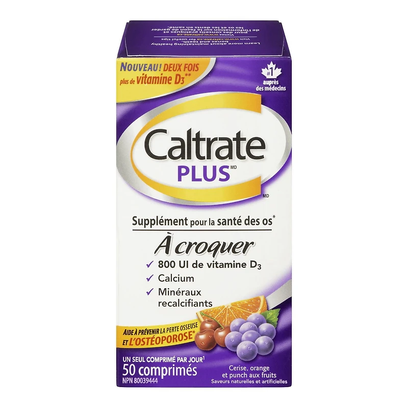 Caltrate plus Chewable Bone Health Supplement, 50 Tablets, Cherry, Orange & Fruit Punch