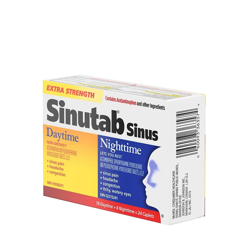 Sinutab Extra-puissant, Sinus Formule-jour et Formule-nuit, Duo pratique, soulage la congestion des sinus et autres symptômes sinusaux 24 gélules