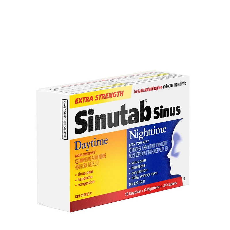 Sinutab Extra-puissant, Sinus Formule-jour et Formule-nuit, Duo pratique, soulage la congestion des sinus et autres symptômes sinusaux 24 gélules