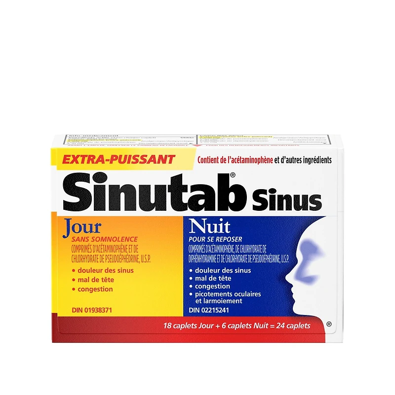 Sinutab Extra-puissant, Sinus Formule-jour et Formule-nuit, Duo pratique, soulage la congestion des sinus et autres symptômes sinusaux 24 gélules