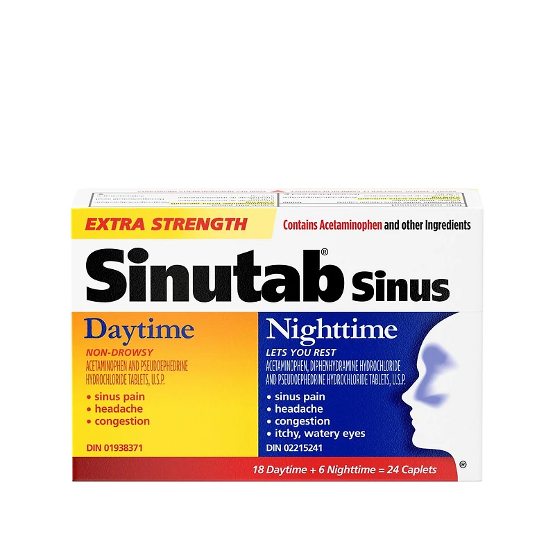 Sinutab Extra-puissant, Sinus Formule-jour et Formule-nuit, Duo pratique, soulage la congestion des sinus et autres symptômes sinusaux 24 gélules