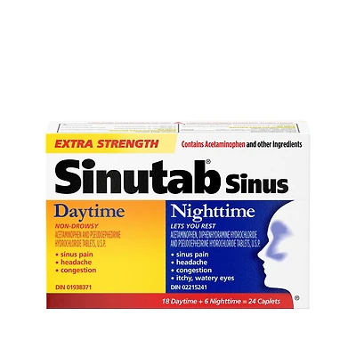 Sinutab Extra-puissant, Sinus Formule-jour et Formule-nuit, Duo pratique, soulage la congestion des sinus et autres symptômes sinusaux 24 gélules