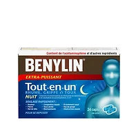 Benylin Extra Strength All-In-One Cold, Flu & Cough Caplets, Nighttime, Relieves Cold Cough & Flu symptoms, 24 Count