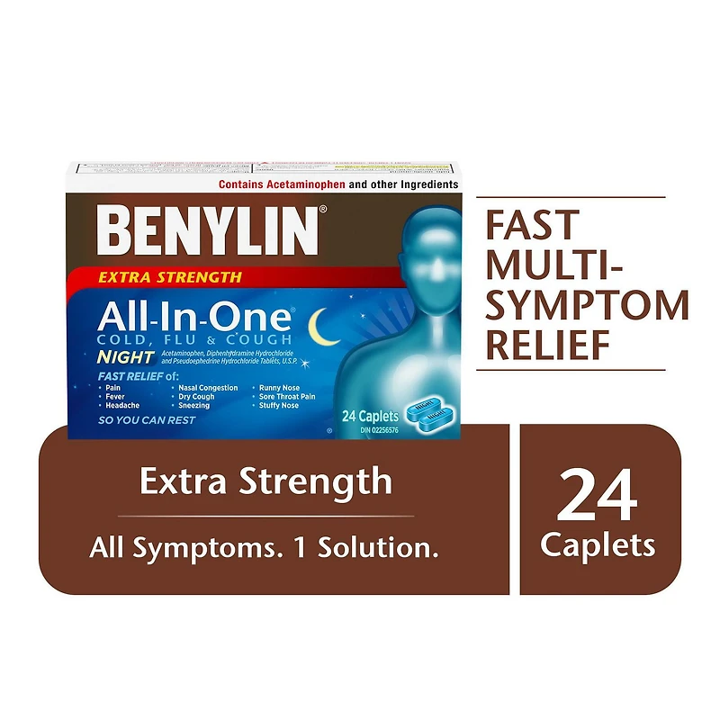 Benylin Extra Strength All-In-One Cold, Flu & Cough Caplets, Nighttime, Relieves Cold Cough & Flu symptoms, 24 Count