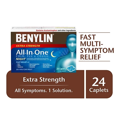 Benylin Extra-puissant, Tout-en-un Rhume, grippe et toux, Nuit, soulage les symptômes de rhume, toux et grippe 24 gélules