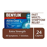 Benylin Extra Strength All-In-One Cold, Flu & Cough Caplets, Nighttime, Relieves Cold Cough & Flu symptoms, 24 Count