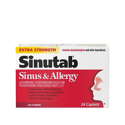 Sinutab Extra Strength Sinus & Allergy Caplets, Relieves Sinus Allergy symptoms, 24 Caplets