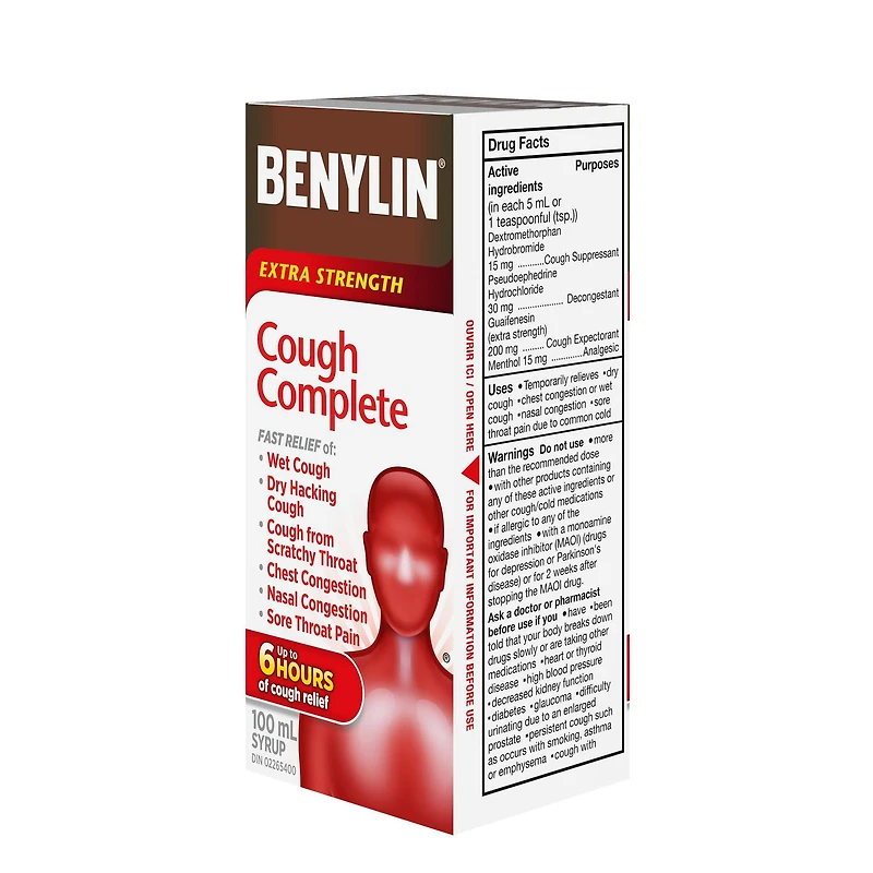 Benylin Extra Strength Cough Complete Syrup, Relieves Cough, Nasal, Chest Congestion & other Cold symptoms, 100 mL