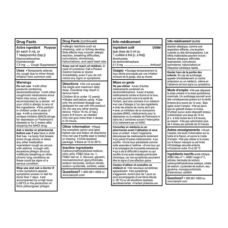 BENYLIN® Children's Dry Cough Syrup, Relieves Dry Cough, 100mL, Grape Flavour, Alcohol Free, For ages 6-11yrs, 100 mL