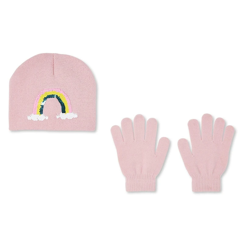 George Girls' Sequin Rainbow Beanie and Gloves 2-Piece Set