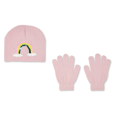 George Girls' Sequin Rainbow Beanie and Gloves 2-Piece Set