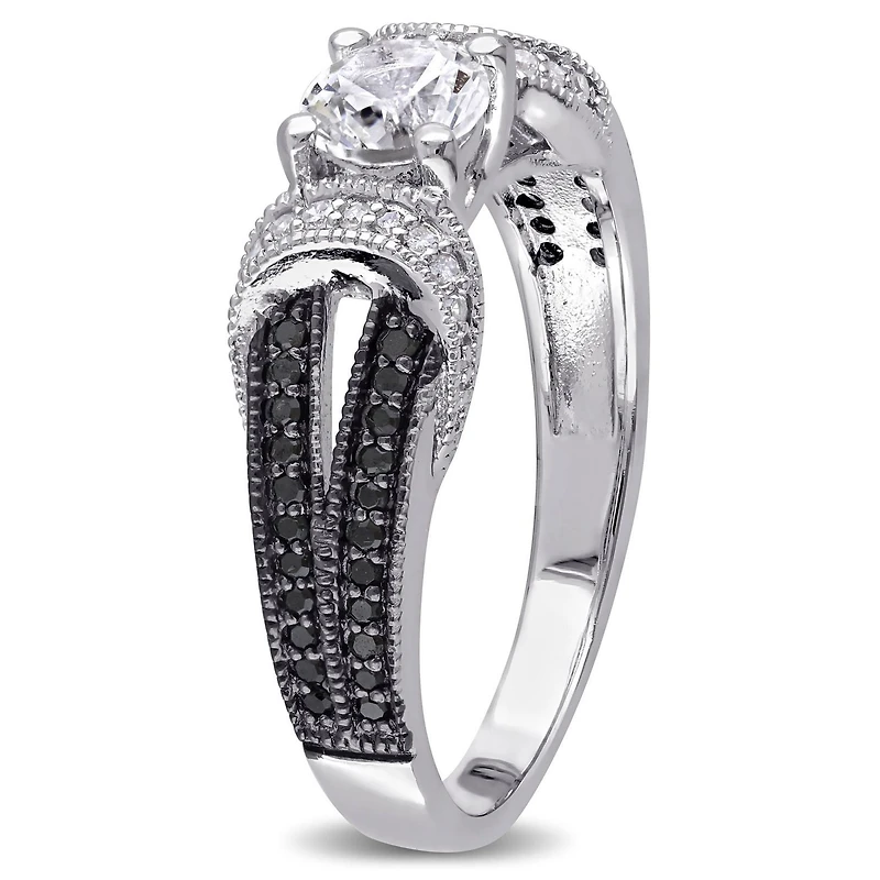 Bague de fiançailles Asteria avec saphirs blancs synthétiques de 0,63 ct PBT et diamants noirs de 0,25 ct poids total en argent sterling