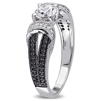 Bague de fiançailles Asteria avec saphirs blancs synthétiques de 0,63 ct PBT et diamants noirs de 0,25 ct poids total en argent sterling