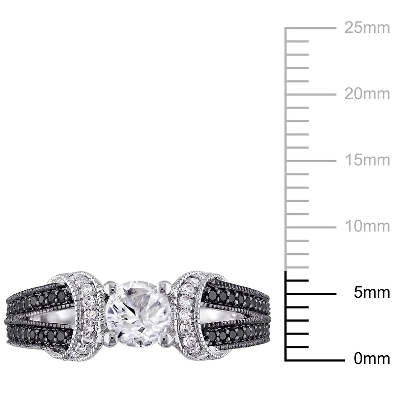 Bague de fiançailles Asteria avec saphirs blancs synthétiques de 0,63 ct PBT et diamants noirs de 0,25 ct poids total en argent sterling