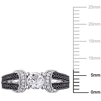 Bague de fiançailles Asteria avec saphirs blancs synthétiques de 0,63 ct PBT et diamants noirs de 0,25 ct poids total en argent sterling