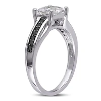 Bague de fiançailles Asteria avec saphirs blancs synthétiques d'1,33 ct PBT et diamants noirs de 0,14 ct poids total en argent sterling