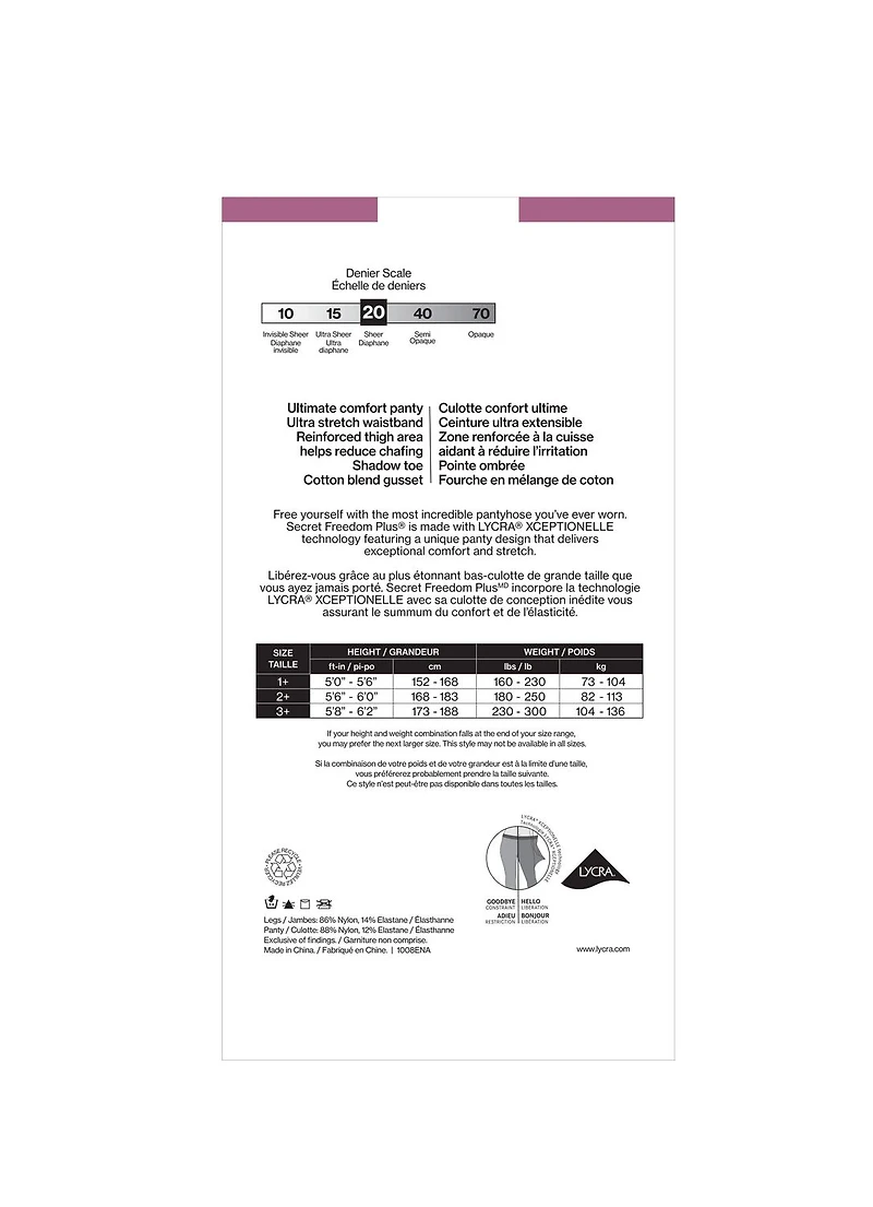 Secret® Freedom Plus Ultra Stretch 1pk Pantyhose, 1X to 3X