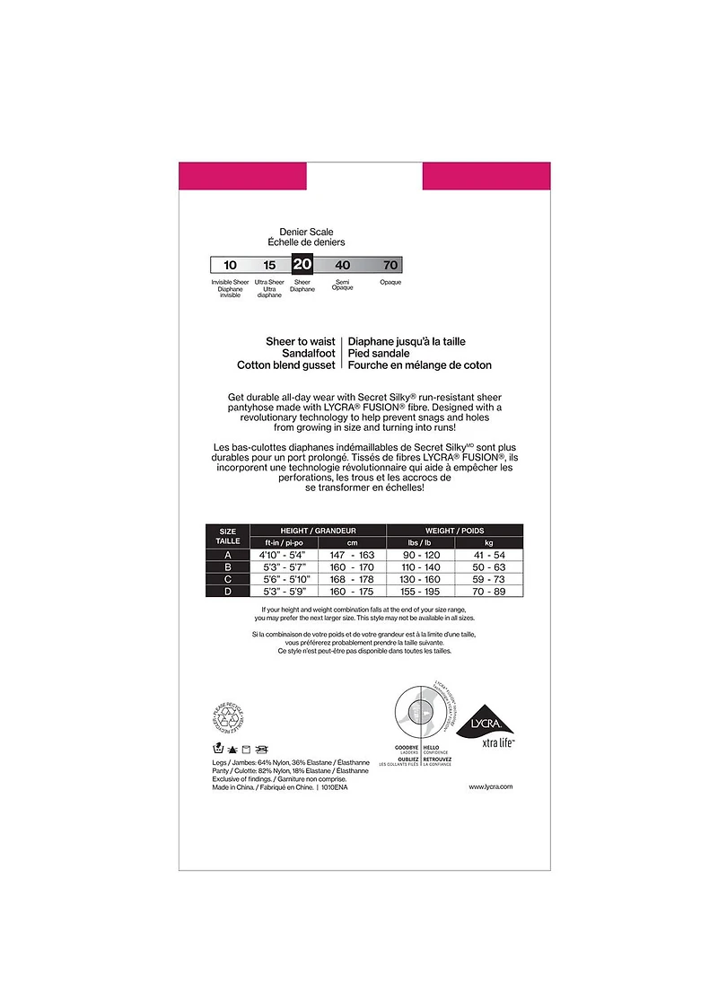 Secret® Silky Indemaillable Bas-Culotte 1pk Taille à D