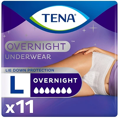 TENA Incontinence Underwear for Women, Postpartum and Bladder Control, Overnight Protection, Large, 11 Count, TENA Overnight Underwear is designed for nighttime use with a secure barrier system and lie-down protection for restful nights.