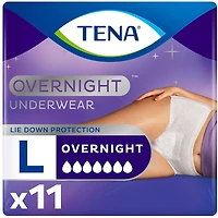 TENA Incontinence Underwear for Women, Postpartum and Bladder Control, Overnight Protection, Large, 11 Count, TENA Overnight Underwear is designed for nighttime use with a secure barrier system and lie-down protection for restful nights.
