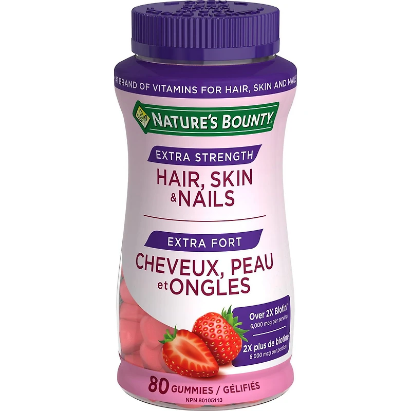 NATURE'S BOUNTY Cheveux, peau et ongles Extra-fort, gélifiés, aide à maintenir la santé des cheveux et de la peau, favorise des ongles plus épais et plus sains et des cheveux plus épais, saveur de crème à la fraise 80 paquet 80 Gélifiés