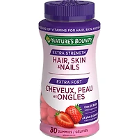 NATURE'S BOUNTY Cheveux, peau et ongles Extra-fort, gélifiés, aide à maintenir la santé des cheveux et de la peau, favorise des ongles plus épais et plus sains et des cheveux plus épais, saveur de crème à la fraise 80 paquet 80 Gélifiés