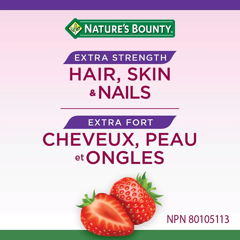NATURE'S BOUNTY Cheveux, peau et ongles Extra-fort, gélifiés, aide à maintenir la santé des cheveux et de la peau, favorise des ongles plus épais et plus sains et des cheveux plus épais, saveur de crème à la fraise 80 paquet 80 Gélifiés