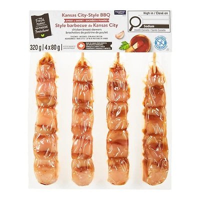 Brochettes de poitrine de poulet Style barbecue de Kansas City Mon marché fraîcheur 4 morceaux de 80 g, total de 320 g