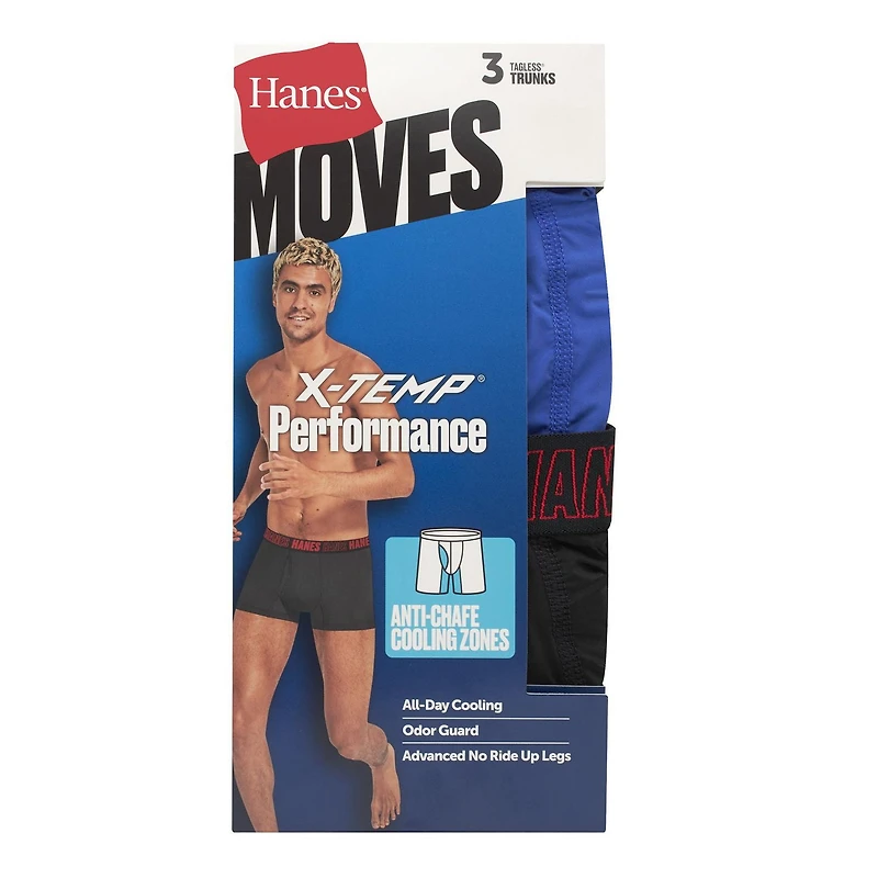 Hanes Men's Performance Tagless Moves™ Trunk Underwear, Pack of 3, Anti-Chafe Assorted, 3-Pack