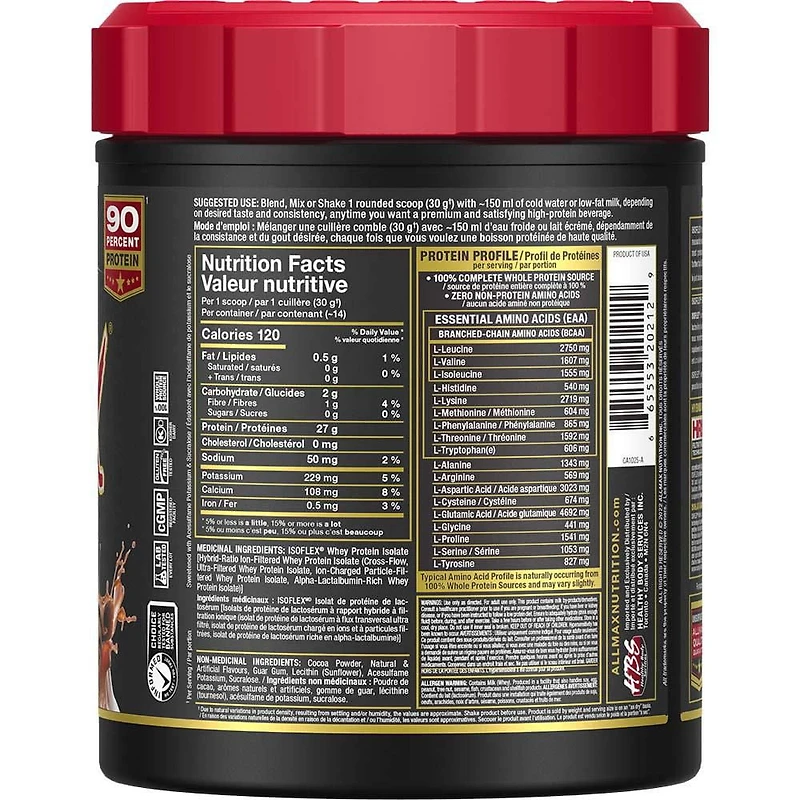 Poudre d'isolat de protéine de lactosérum ISOFLEX d'Allmax à la chocolat