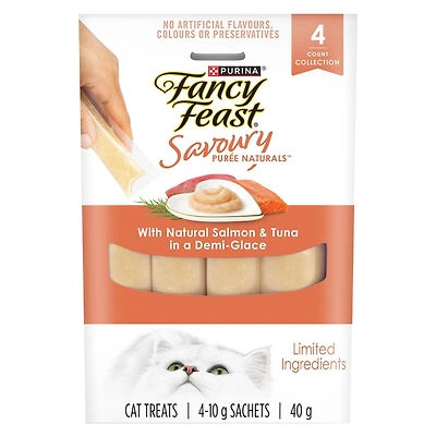 Fancy Feast Savoury Purée Naturals avec Saumon Naturel et Thon dans une Sauce Demi-Glace, Gâteries pour Chats 40 g 40g