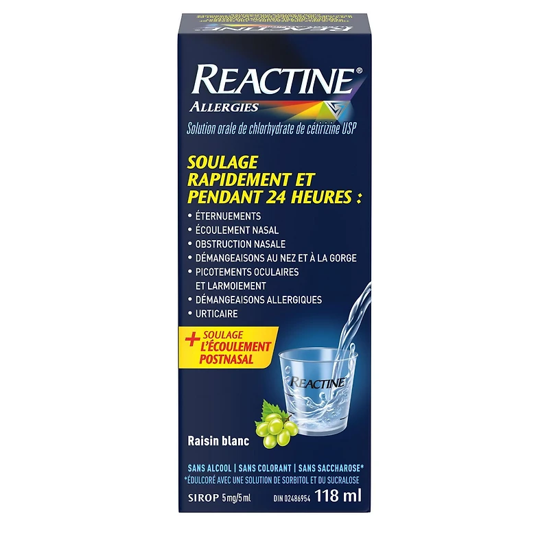 Reactine, sirop antiallergique pour picotements oculaires, urticaire, écoulement nasal, soulagement 24 h, Raisin blanc 118 ml