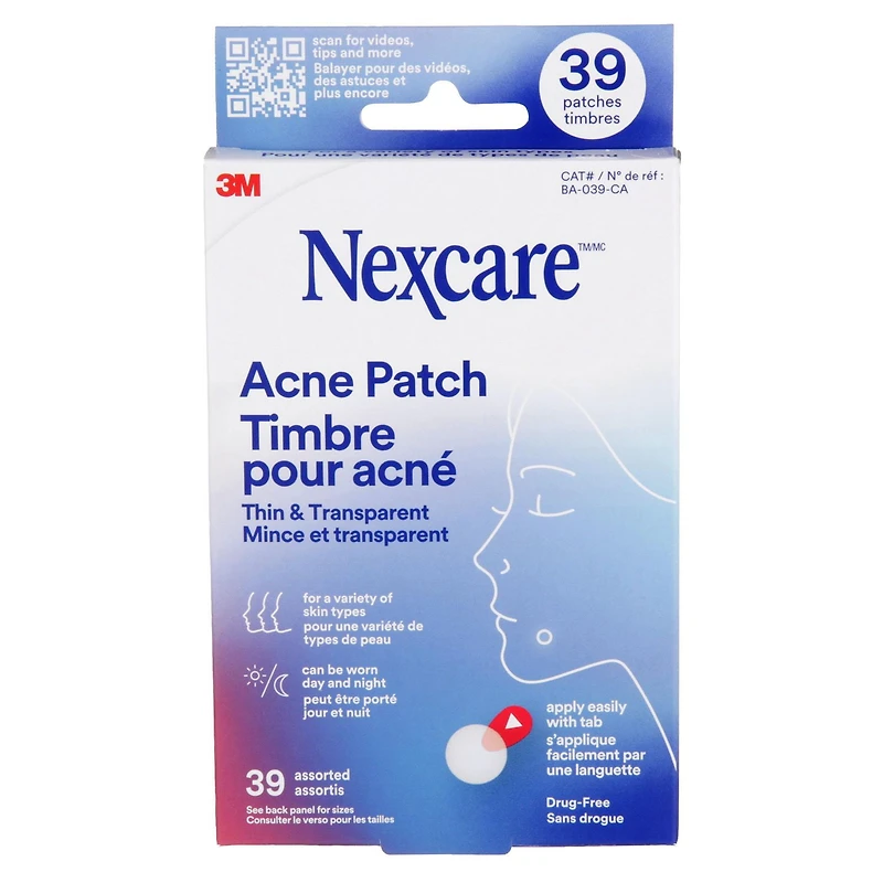 Nexcare™ Thin and Transparent Acne Patch BA-039-CA, 1x15x12mm+1x24x10mm, 30 Pack/Case
