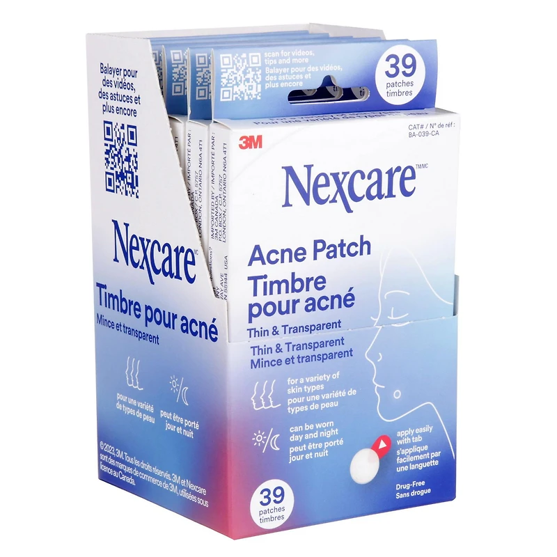 Nexcare™ Thin and Transparent Acne Patch BA-039-CA, 1x15x12mm+1x24x10mm, 30 Pack/Case