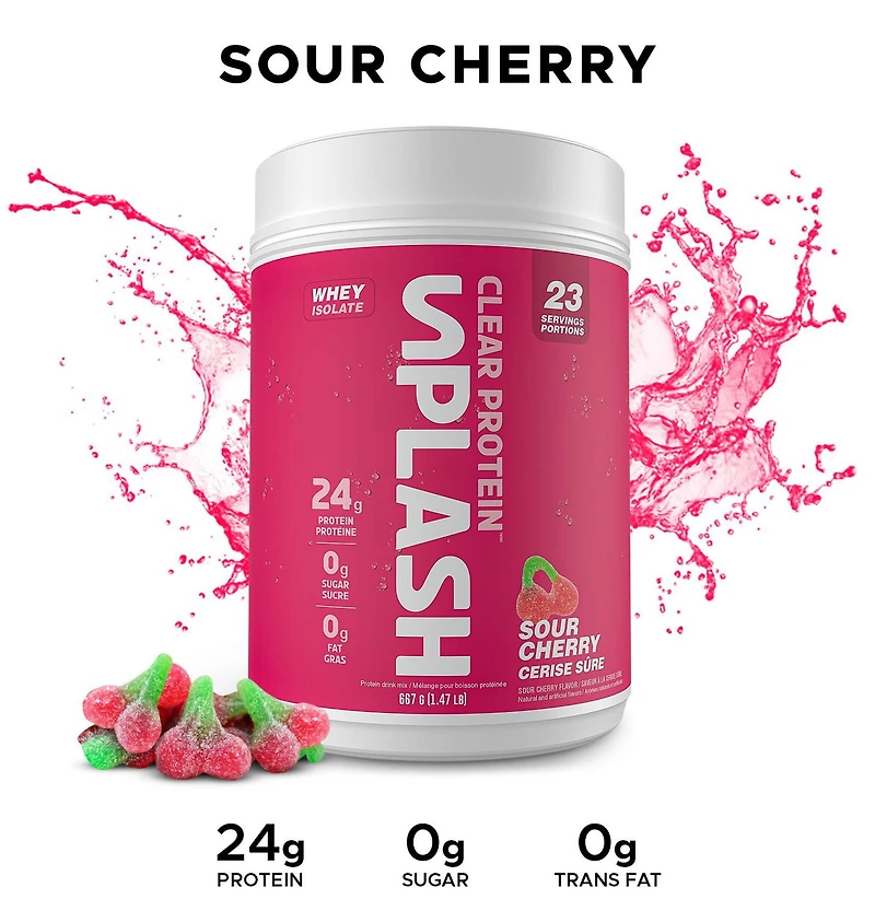 Revolution Nutrition, Splash Clear Isolate Protein, 100% Clear Whey Isolate Powder, 24g of Protein Per Scoop, Zero Sugar, Zero Carb, Candy Flavour, Collagen, 667g, Sour Cherry (23 Servings)