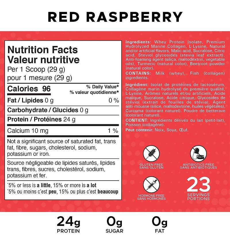 Revolution Nutrition, Splash Clear Isolate Protein, Poudre d’Isolat de Whey 100 % Clair, 24 g de Protéines par Dosette, Zéro Sucre, Zéro Glucide, Saveur Candy, Collagène, 667 g, Framboise Rouge (23 Portions)