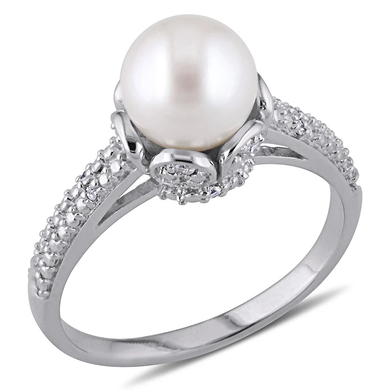 Miabella Cultured Freshwater Pearl and Diamond-Accent Sterling Silver Ring