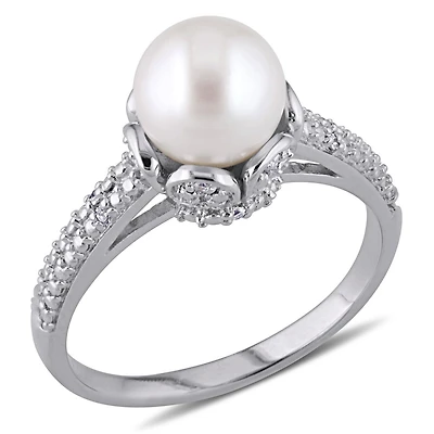 Miabella Cultured Freshwater Pearl and Diamond-Accent Sterling Silver Ring