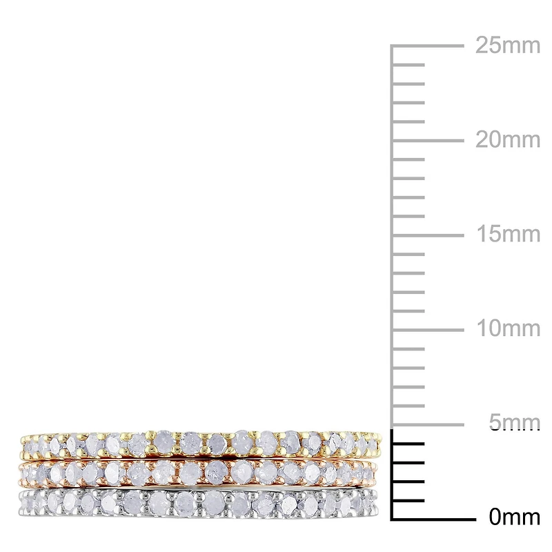 Miabella 5/8 Carat T.W. Diamond Three-Tone Sterling Silver 3-Piece Stackable Ring Set