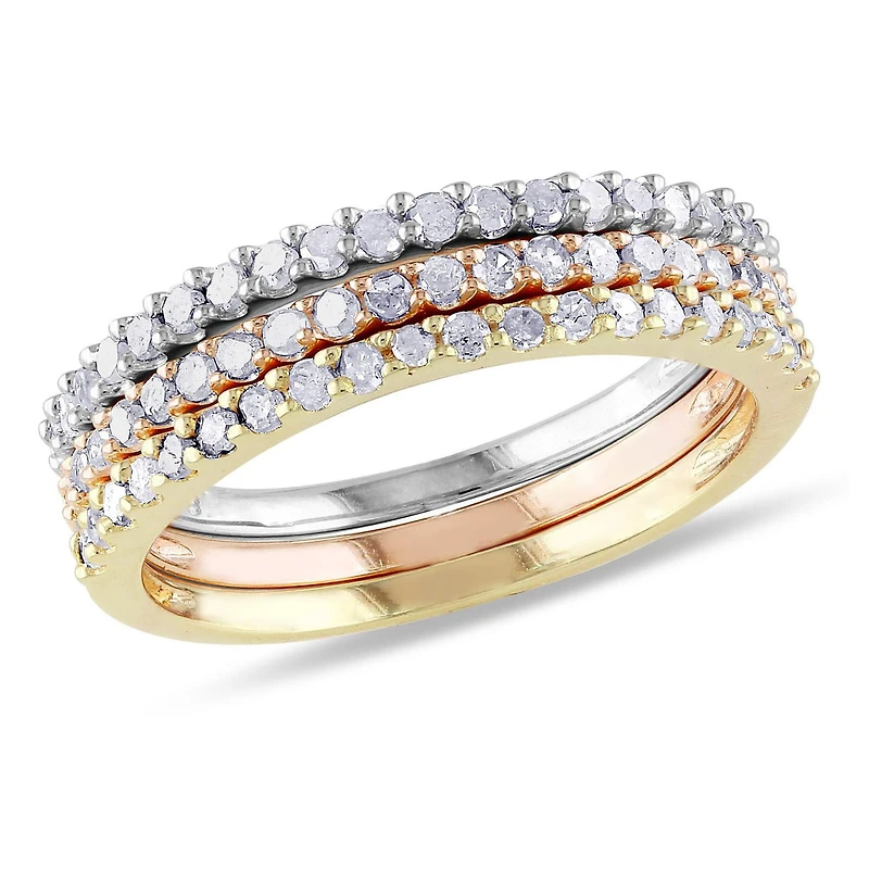 Miabella 5/8 Carat T.W. Diamond Three-Tone Sterling Silver 3-Piece Stackable Ring Set