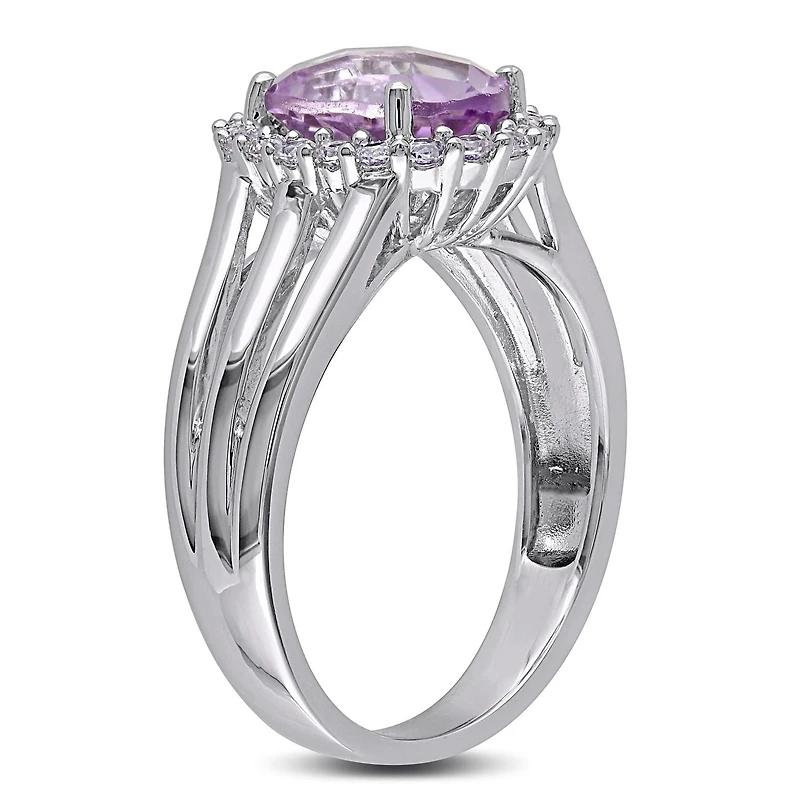Bague cocktail auréole Miabella avec rose de France 2-3/4 CT PBT et saphirs blancs synthétiques en argent sterling