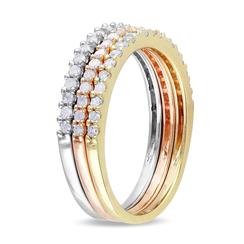 Miabella 5/8 Carat T.W. Diamond Three-Tone Sterling Silver 3-Piece Stackable Ring Set