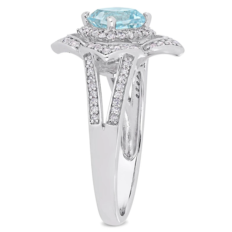 Miabella Blue and White Topaz and 1/5 Carat T.W. Diamond Sterling Silver Quatrefoil Split Shank Ring