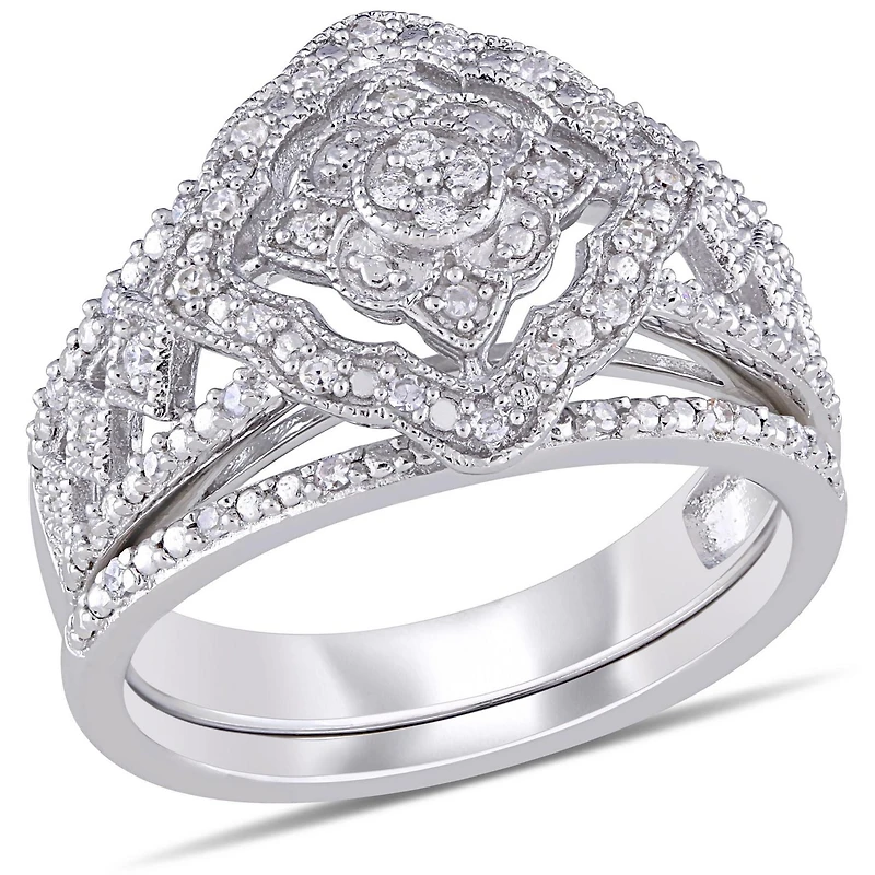 Ensemble nuptial auréole rétro Miabella avec diamants 1/4 CT poids total en argent sterling