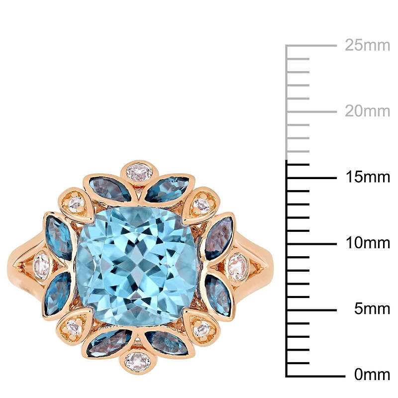Bague cocktail en forme de fleur Miabella avec topazes bleues et topazes blanches en argent sterling plaqué au rhodium rose