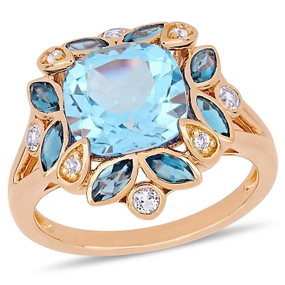 Bague cocktail en forme de fleur Miabella avec topazes bleues et topazes blanches en argent sterling plaqué au rhodium rose